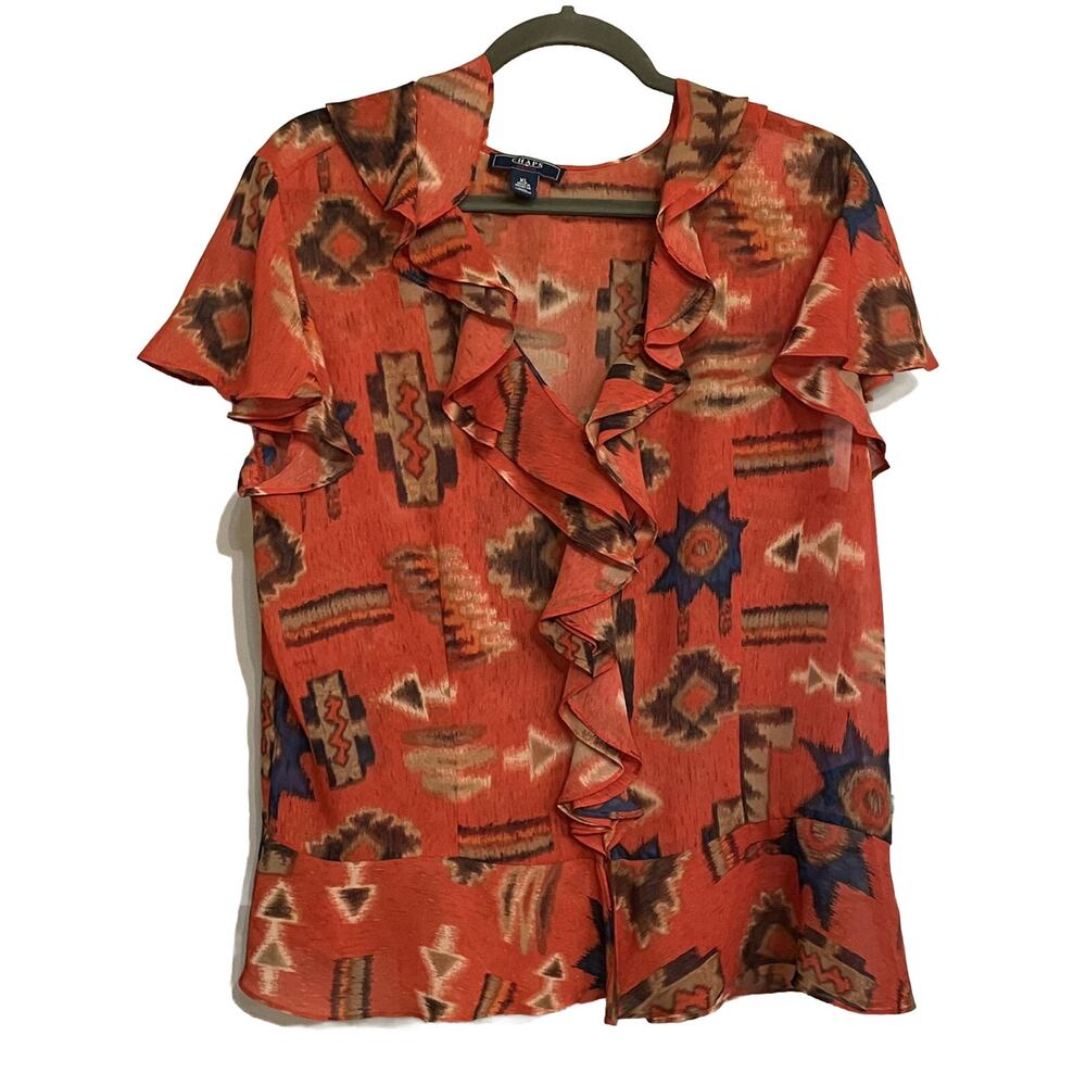 Chaps‎ Top Southwest Ruffle Short Sleeve Button Down Career Casual Womens XL